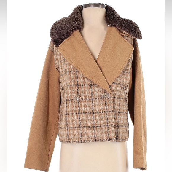 Rachel Parcell Double Breasted Tan Iced Coffee Plaid Jacket Wool Blend Size XS - Picture 4 of 11